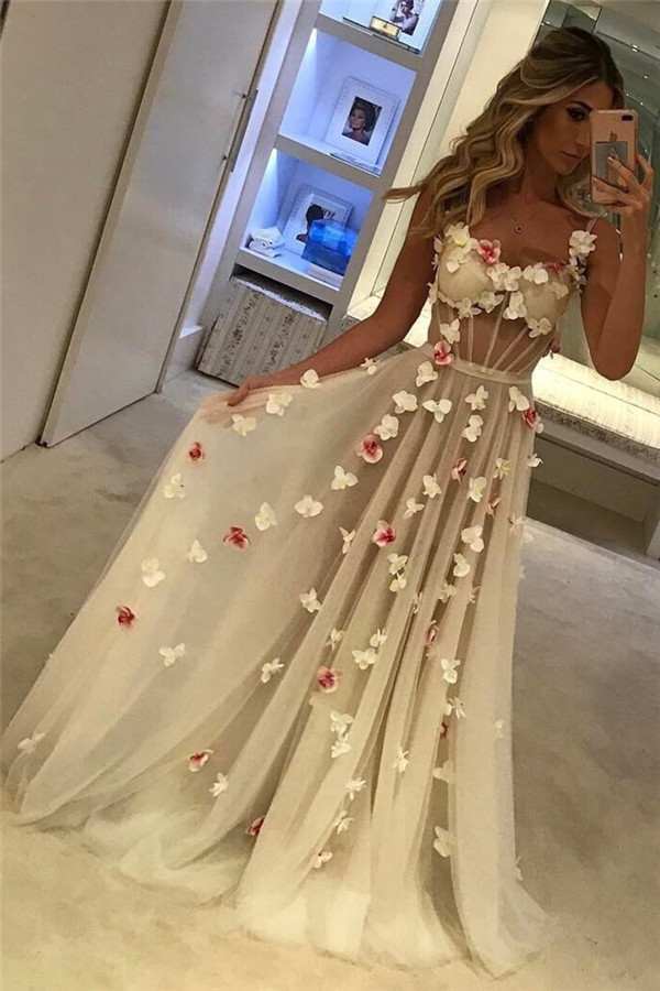 Open Back Flowers Long Prom Dresses | Spaghetti Straps Sexy Formal Evening Gowns-newarrivaldress