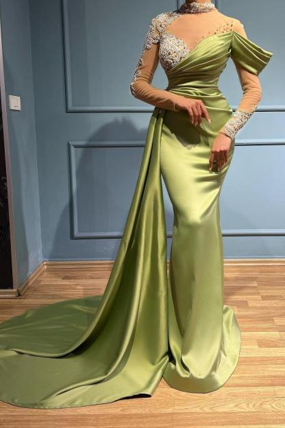 Stunning High Neck Off Shoulder Crystals Ruched Satin Long Evening Gown with Sleeves-newarrivaldress