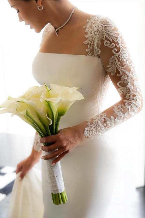 Beautiful White Satin Long Wedding Dress with Floral Lace Sleeves-newarrivaldress