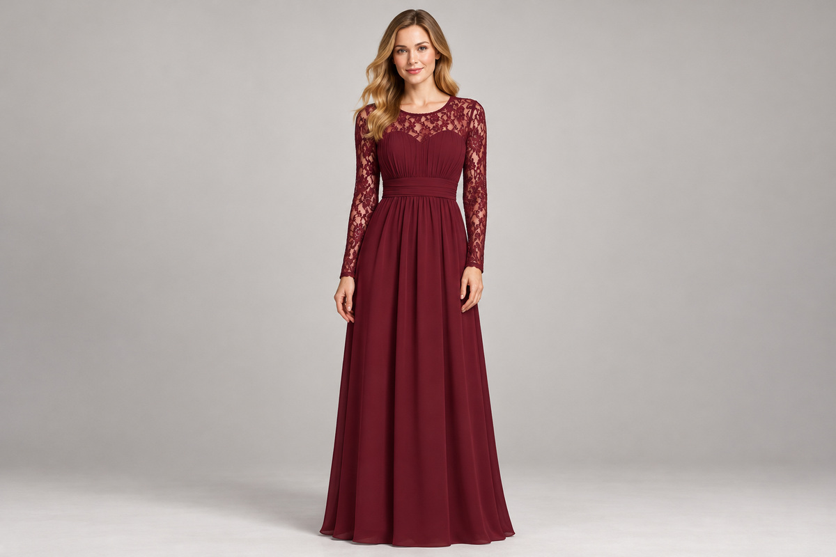 Burgundy floor-length wedding guest dress with long lace sleeves on a neutral studio background