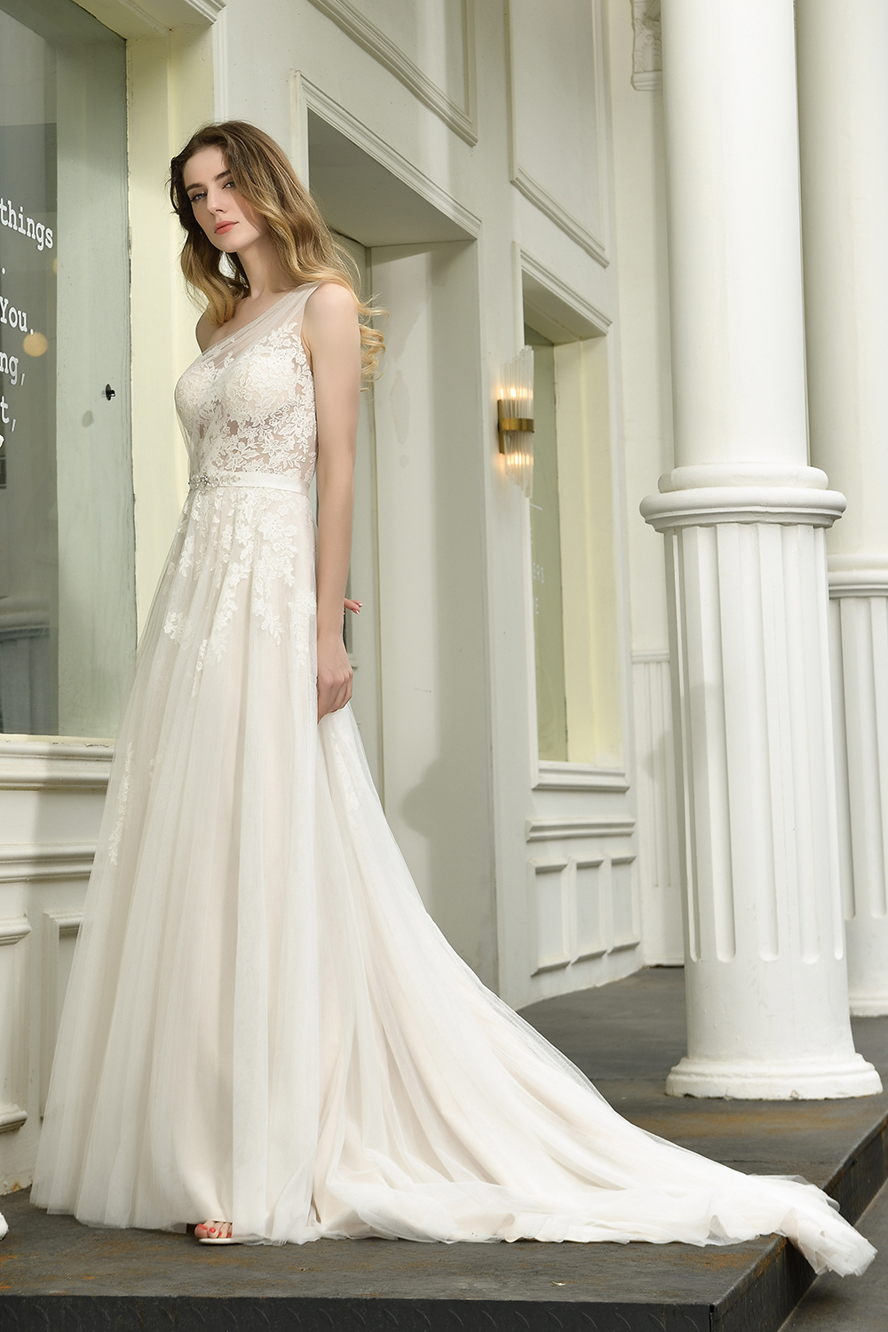 Elegant One Shoulder A-line Wedding Dress Lace Appliques-newarrivaldress