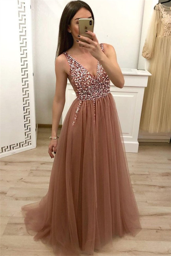 Straps V-Neck Appliques Sleeveless A-Line Prom Dresses-newarrivaldress