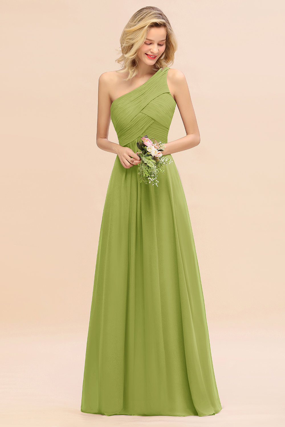 Elegant Ruched Chiffon One Shoulder Bridesmaid Dress Long Sleeveless Evening Dress-newarrivaldress
