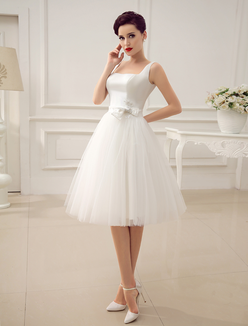 Simple Wedding Dresses Satin Square Neck Applique Short Bridal Dress With Beading Bow Sash Exclusive-newarrivaldress