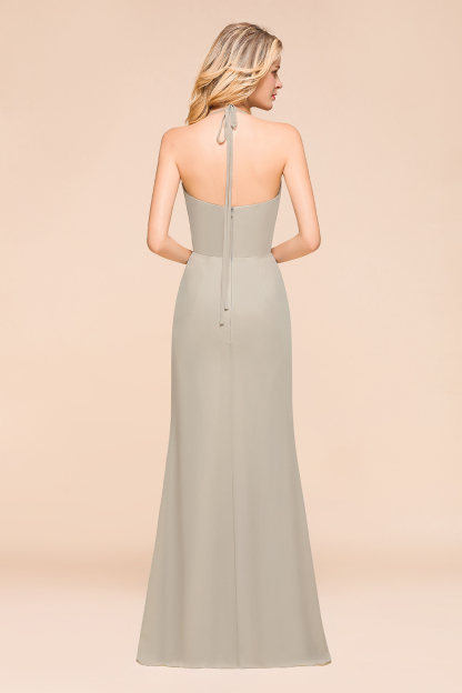 Elegant Halter Ruched Chiffon Bridesmaid Dresses V-neck Floor Lenth Formal Dress-newarrivaldress