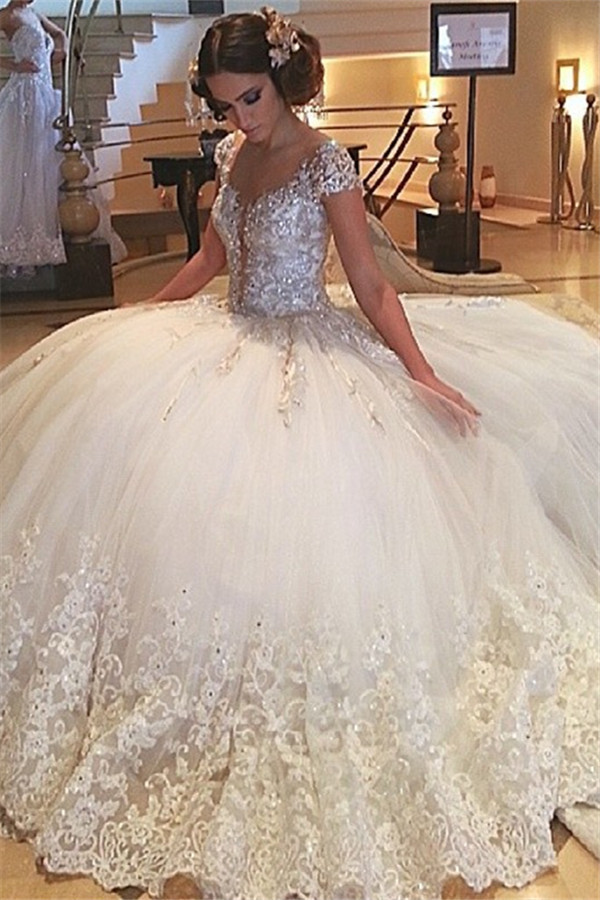 Cap Sleeves Gorgeous Tulle Ball Gown Wedding Dresses | Crystals Beaded Lace Appliques Bridal Gowns-newarrivaldress