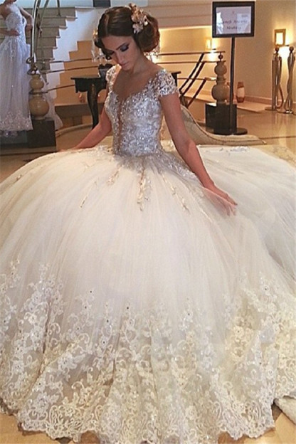 Cap Sleeves Gorgeous Tulle Ball Gown Wedding Dresses | Crystals Beaded Lace Appliques Bridal Gowns-newarrivaldress