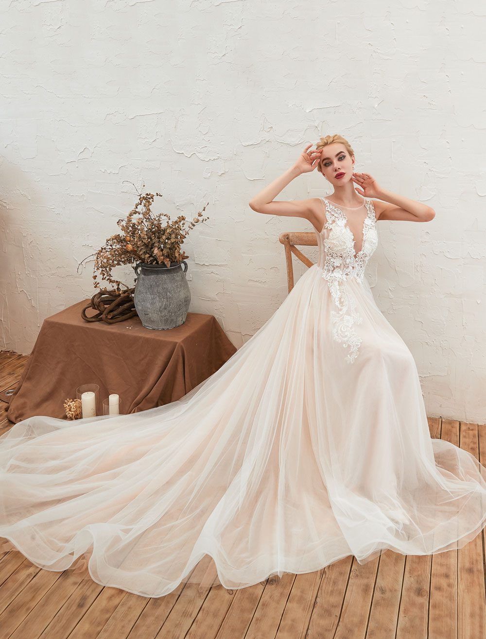 Wedding Dress 2021 V Neck Sleeveless A Line Tulle Bridal Gowns With Train-newarrivaldress
