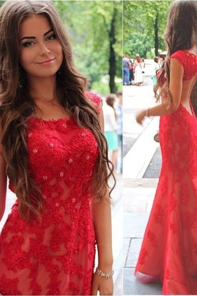 Red Lace Halter Mermaid Evening Dress Latest Backless Sweep Train Formal Occasion Dresses-newarrivaldress