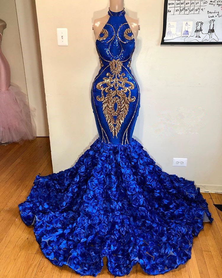 Gorgeous Sleeveless Royal Blue Prom Dresses Mermaid Flowers Long Evening Gown-newarrivaldress