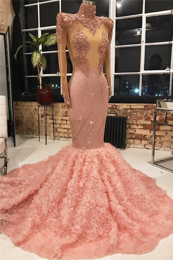 Long Sleeve Long Prom Dresses for Juniors Online | Mermaid Lace Appliques Pink Formal Dresses BC1133-newarrivaldress