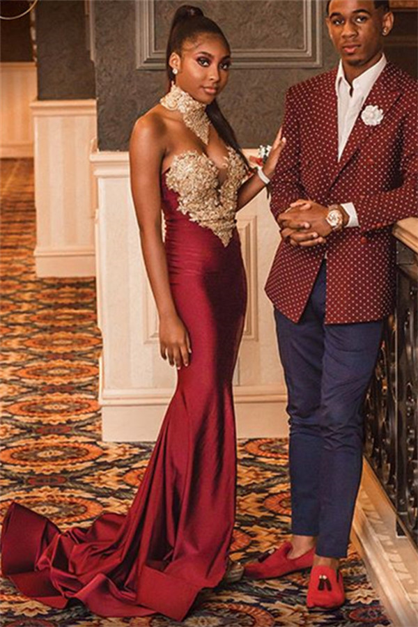 Sexy Burgundy High-Neck Appliques Sexy Mermaid Prom Dress-newarrivaldress