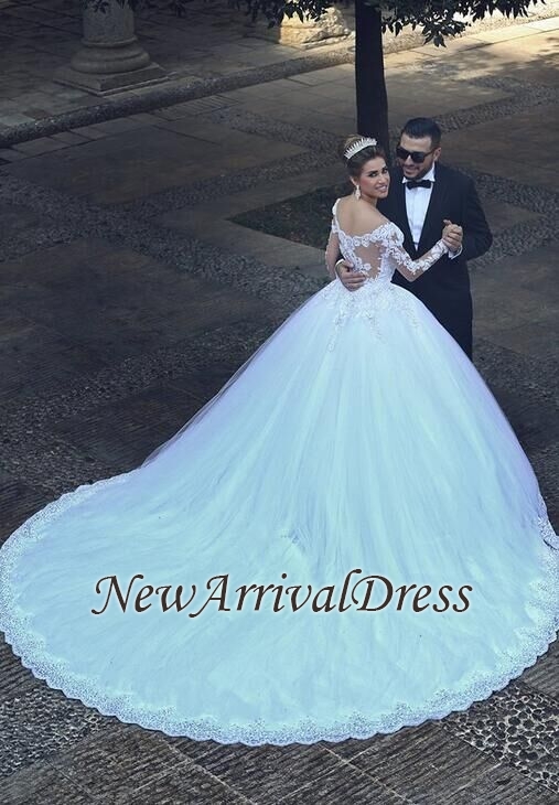 Appliques Tulle Long Sleeves Online New Arrival Lace Beadings Elegant Ball Gown Wedding Dresses-newarrivaldress