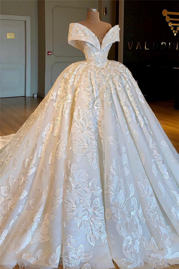 Sexy Off The Shoulder Ball Gown Chapel Train Appliques Chiffon Wedding Dresses-newarrivaldress