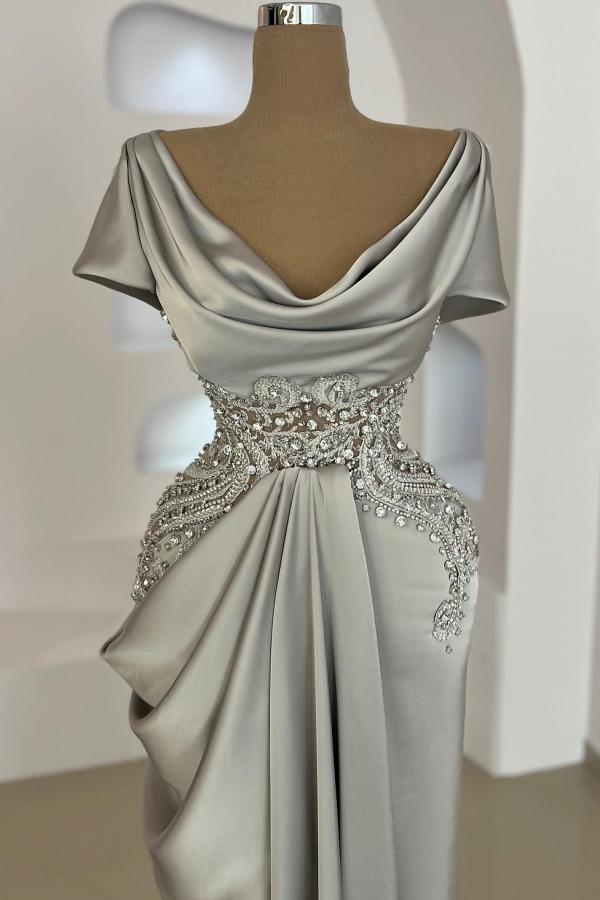 Scoop Neck Ruched Satin Mermaid Evening Dress Silver Beads Bodycon Prom Dress-newarrivaldress