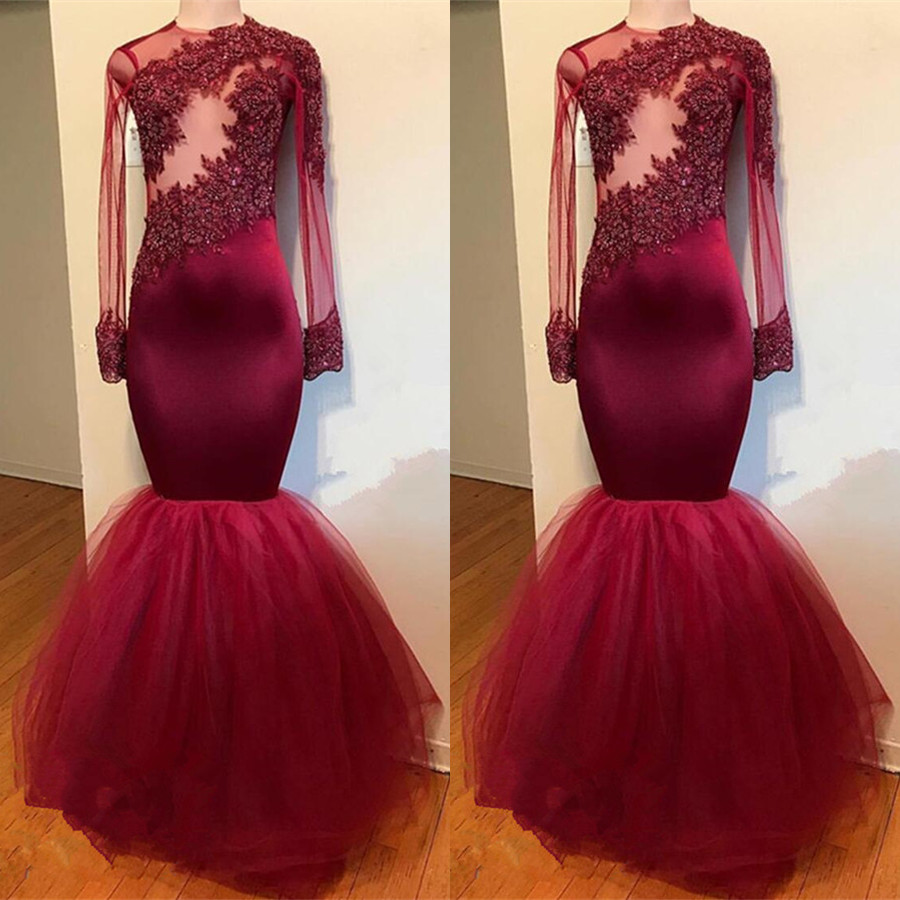 Modern Lace Appliques Long Sleeve Prom Dresses | Mermaid Burgundy Prom Dresses-newarrivaldress