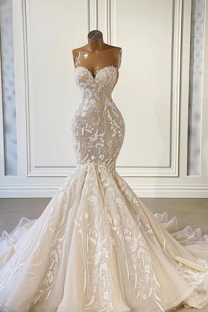 Elegant Sweetheart Strapless Tulle Lace Mermaid Bridal Gown-newarrivaldress