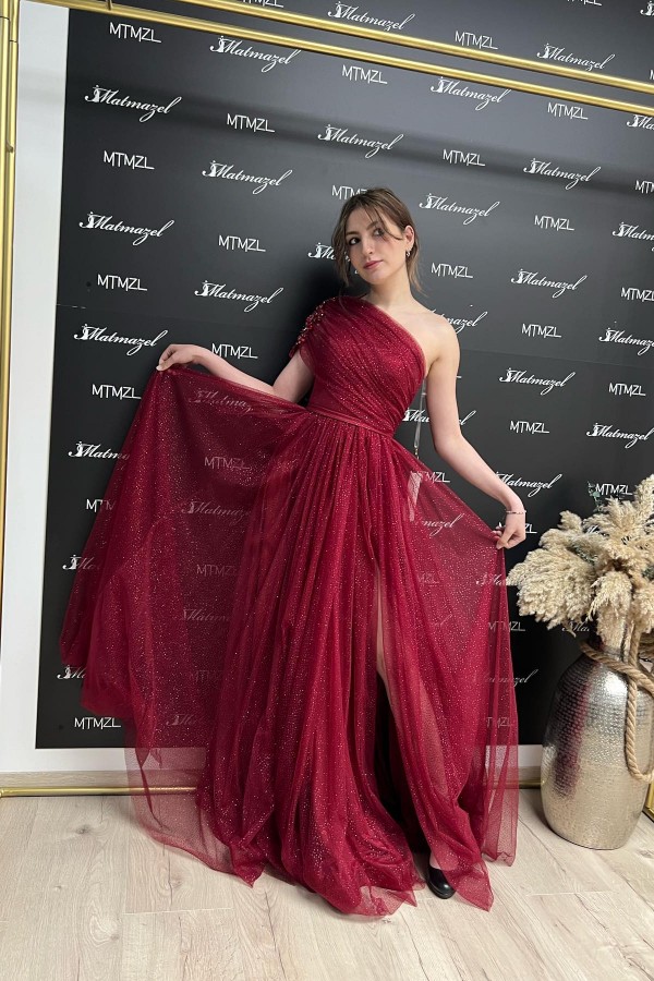 Off Shoulder Glitter Beadings Aline Evening Dress Red Side Split Party Dress-newarrivaldress