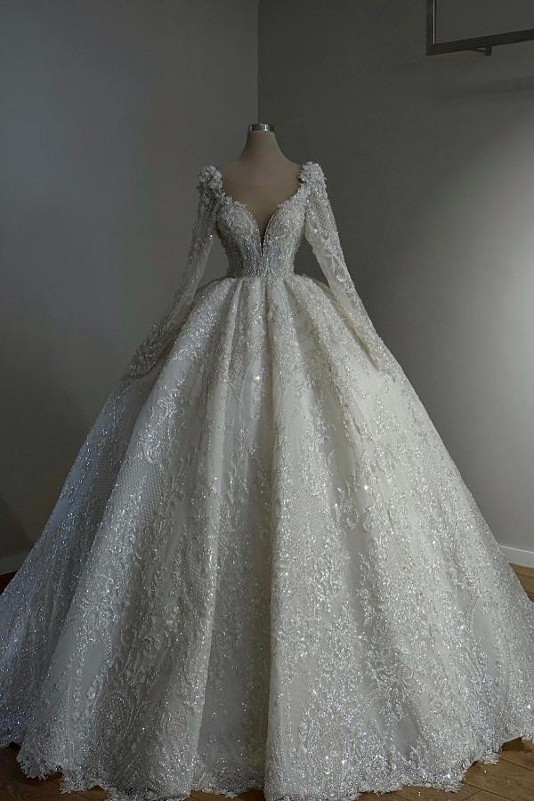 Luxury Long Sleeves Aline Wedding Dress Glitter Sequins Ball Gown with Appliques-newarrivaldress