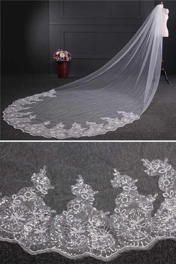 Cathedral Luxury Princess Tulle Lace Sequin Trim Edge 4*1.8M Wedding Veils