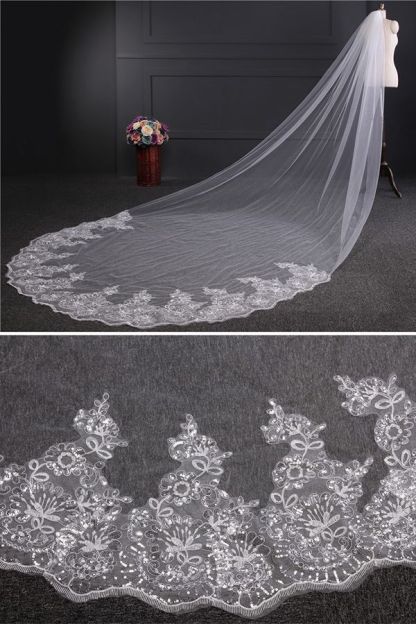 Cathedral Luxury Princess Tulle Lace Sequin Trim Edge 4*1.8M Wedding Veils