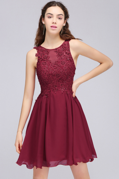 CARLEE | A-line Jewel Short Chiffon Burgundy Homecoming Dresses with Lace Appliques-newarrivaldress