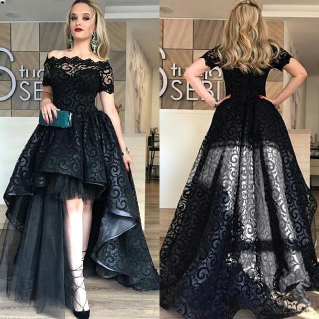 Black Short-Sleeve Lace Hi-Lo Sexy Prom Dress-newarrivaldress