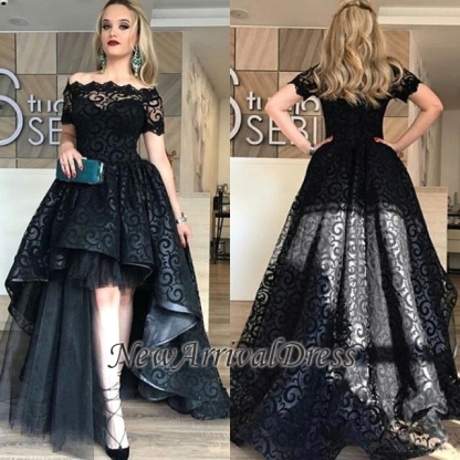Black Short-Sleeve Lace Hi-Lo Sexy Prom Dress-newarrivaldress