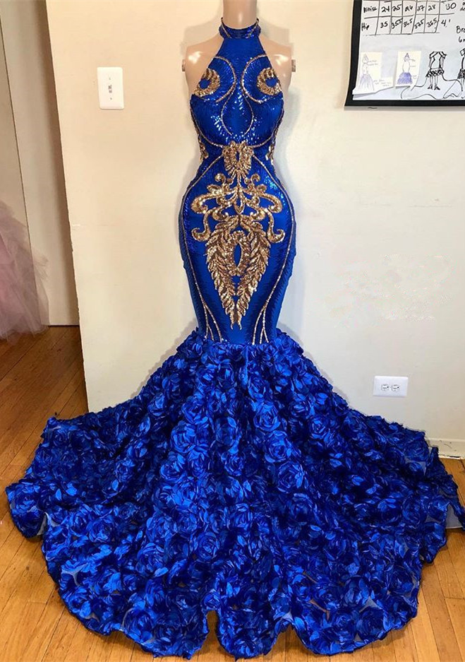 Gorgeous Sleeveless Royal Blue Prom Dresses Mermaid Flowers Long Evening Gown-newarrivaldress