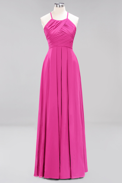 Halter Pleated Bridesmaid Dress Chiffon Sleeveless Floor Length Wedding Guest Dress-newarrivaldress