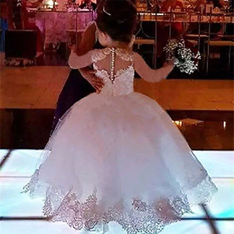 White Tulle Lace Appliques Flower Girl Dress Long Sleeves Beadings Dress for Girls-newarrivaldress