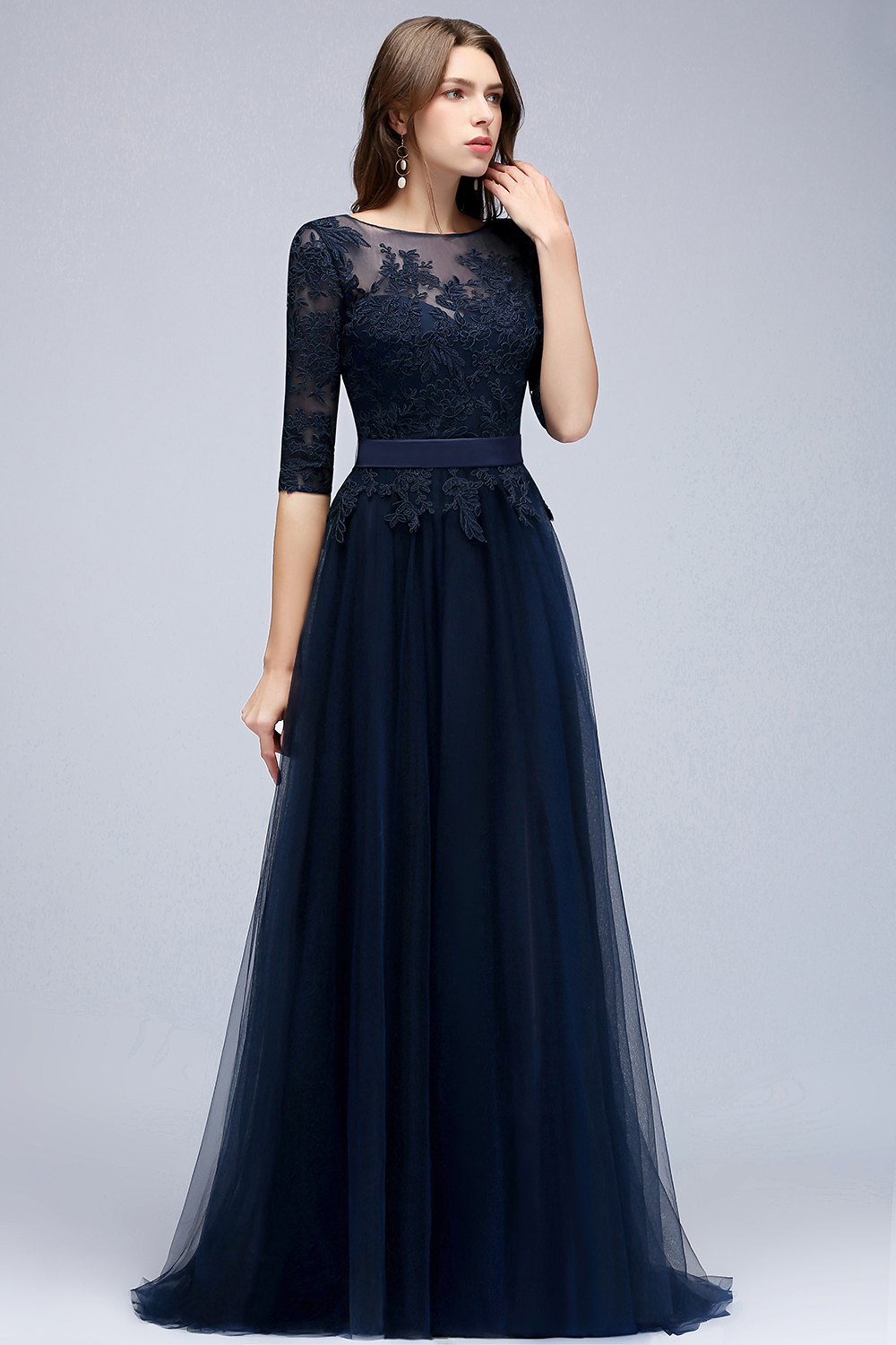 NANA | A-line Half Sleeves Floor Length Slit Appliqued Tulle Prom Dresses with Sash-newarrivaldress