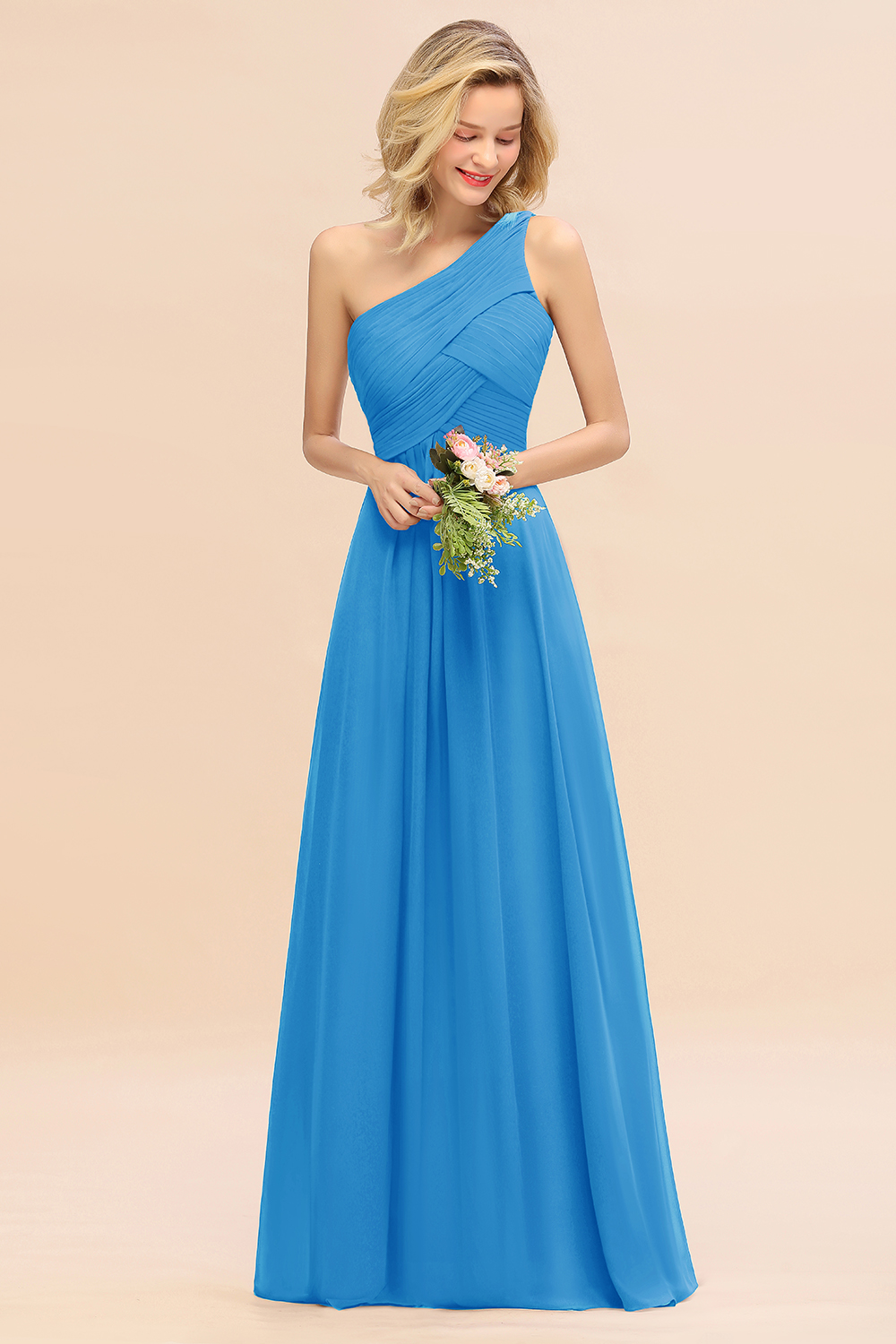 Elegant Ruched Chiffon One Shoulder Bridesmaid Dress Long Sleeveless Evening Dress-newarrivaldress