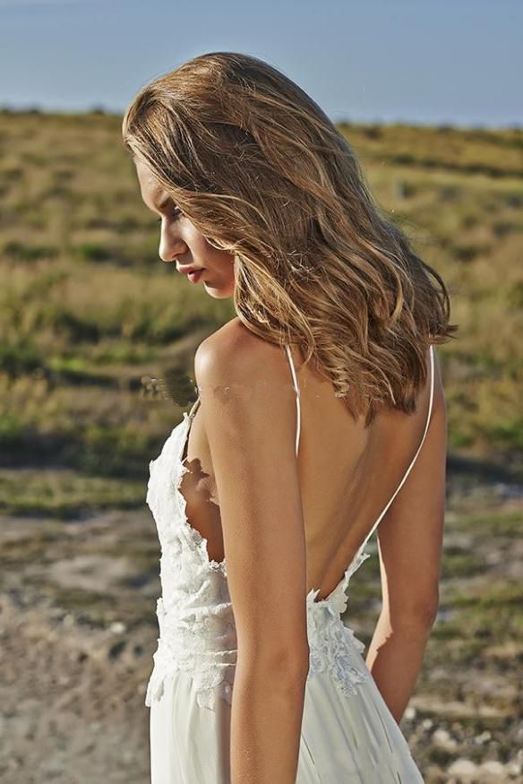 Simple Design Sexy Spaghetti Straps Elegant Lace Appliques Long Chiffon Beach Wedding Dress-newarrivaldress