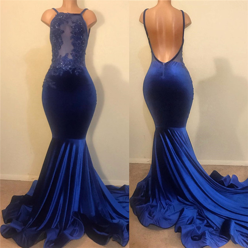 Mermaid Spahgetti Straps Open Back Velvet Appliques Prom Dresses-newarrivaldress