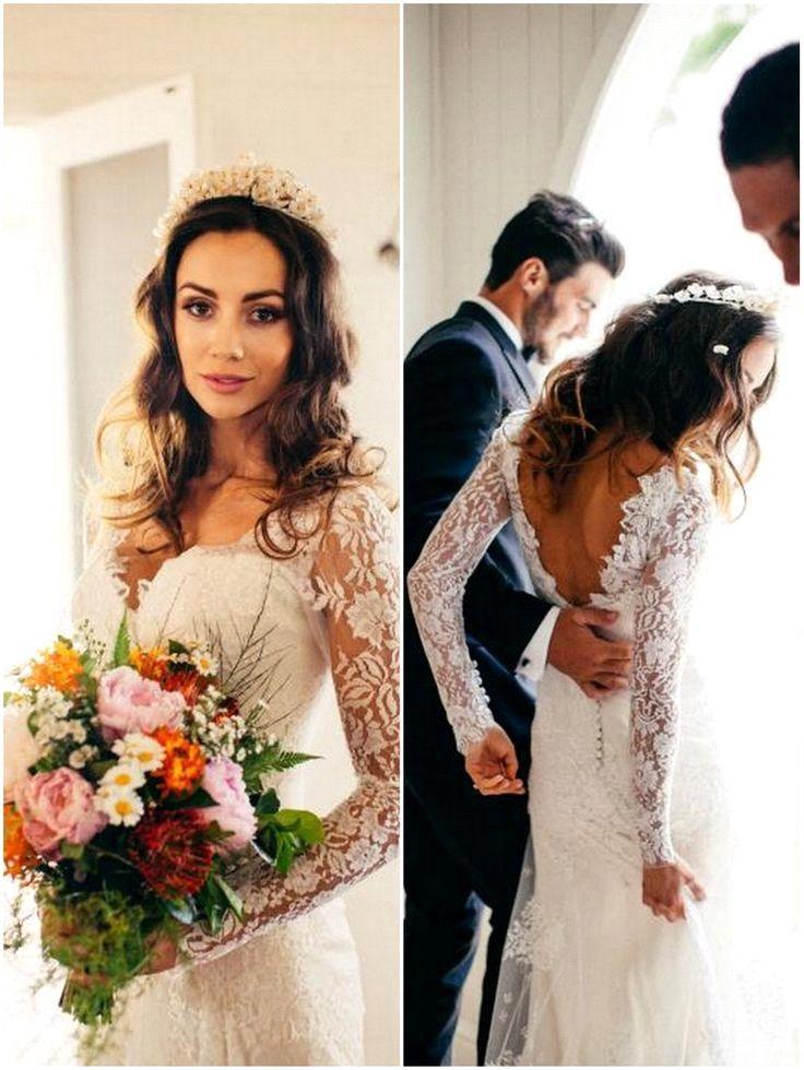 Elegant Lace Long Sleeve Wedding Gowns Latest V-Neck Open Back Bridal Dresses-newarrivaldress