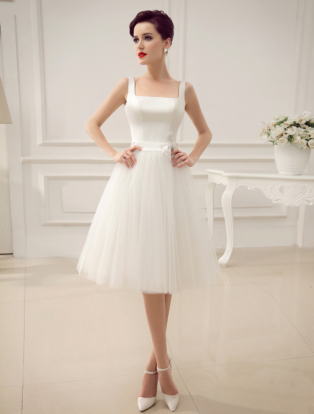 Simple Wedding Dresses Satin Square Neck Applique Short Bridal Dress With Beading Bow Sash Exclusive-newarrivaldress