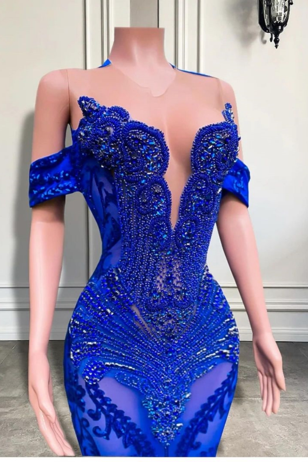 Charming Off-the-Shoulder Royal Blue Crystals Mermaid Prom Dress with Beadings-newarrivaldress