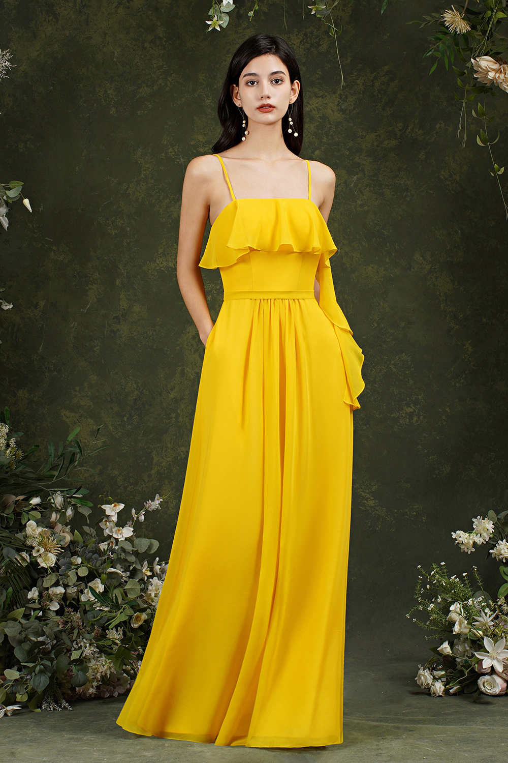 Yellow Ruffles Sleeveless Floor-Length Dress for Wedding Guests-newarrivaldress