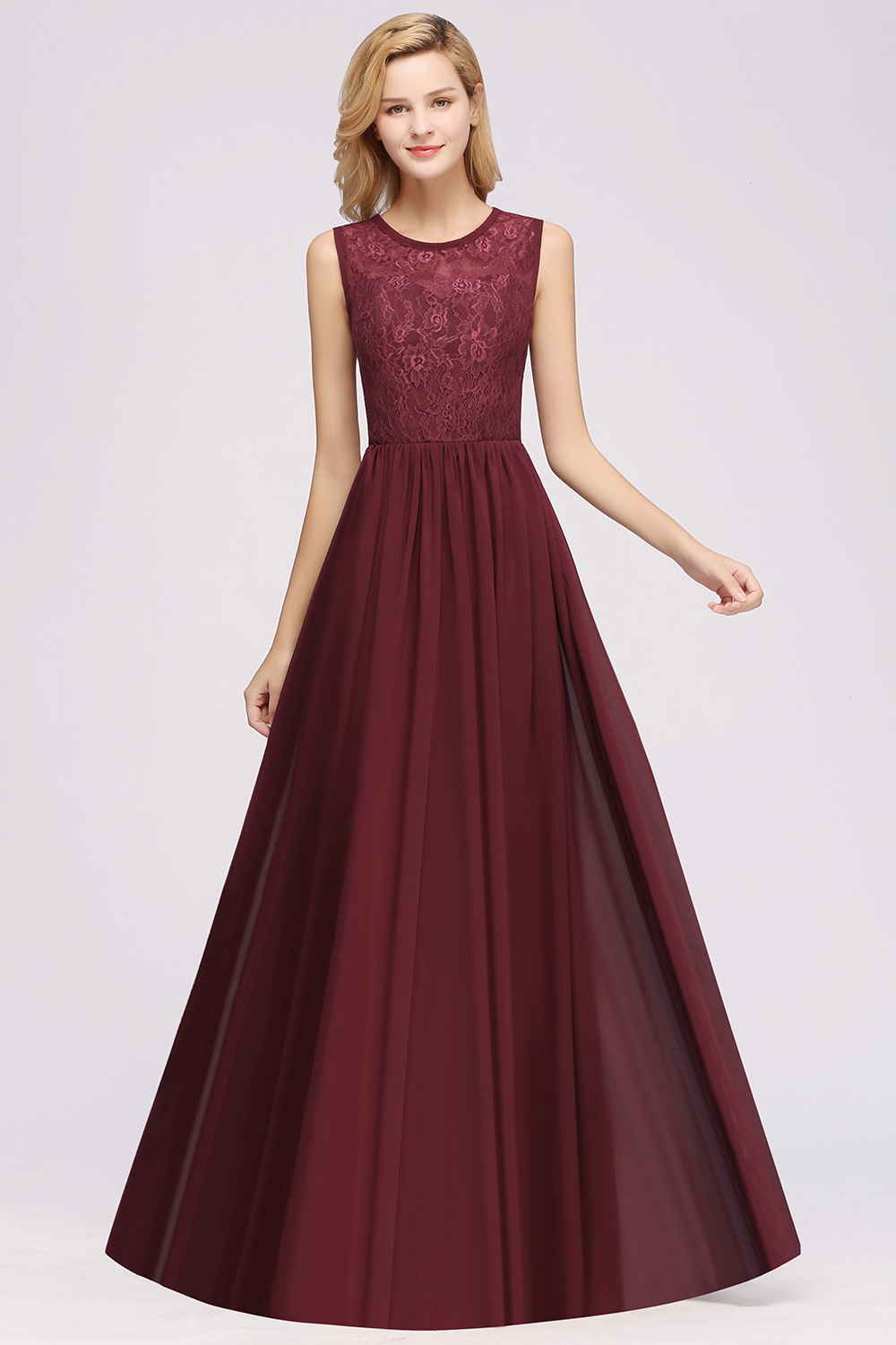 A-line Chiffon Lace Jewel Sleeveless Ruffles Floor-Length Bridesmaid Dresses with Appliques-newarrivaldress