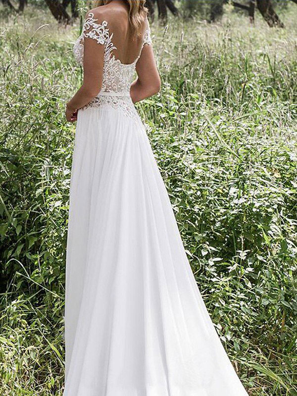 Boho Wedding Dresses 2021 Chiffon Deep V Neck Short Sleeve Lace Appliqued Split Front Beach Bridal Gowns-newarrivaldress