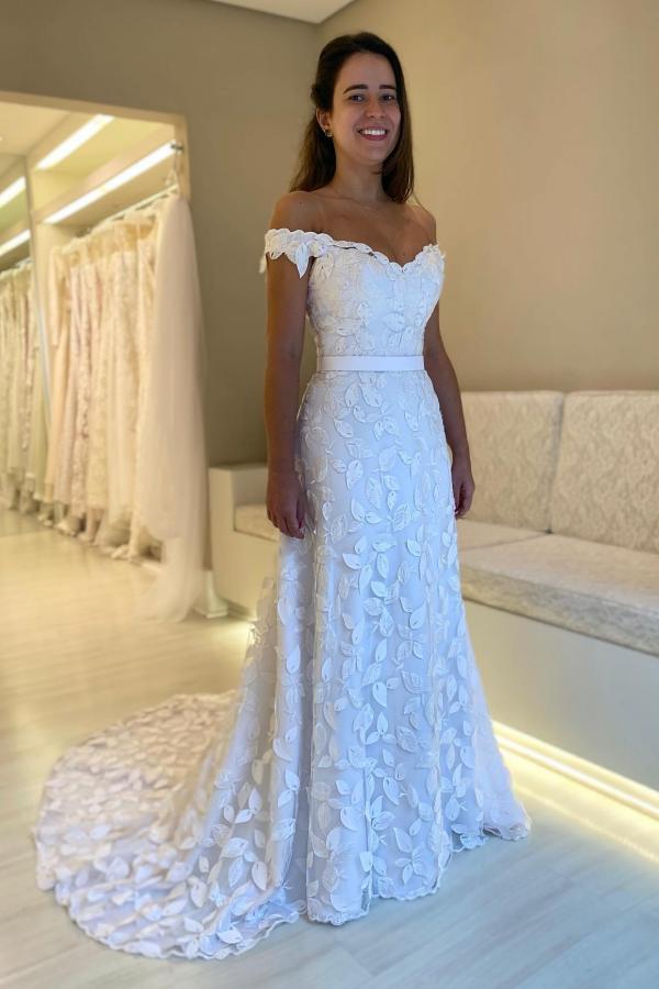 Elegant Off-the-Shoulder White Leaf Pattern Trumpt Wedding Dresses with Sweep Train-newarrivaldress