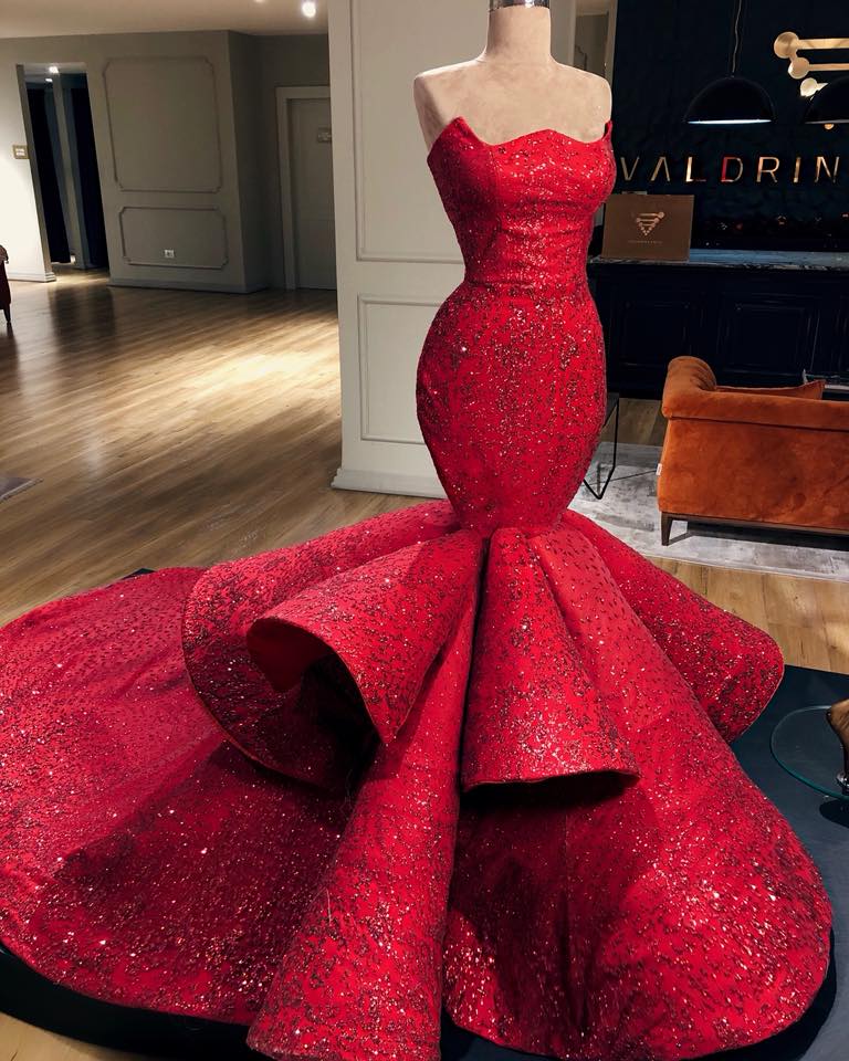 Elegant Mermaid Red Evening Gowns | Ruffles Sexy Strapless Sleeveless Prom Dresses-newarrivaldress