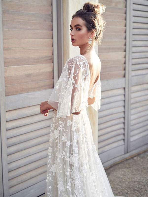White Lace Wedding Dress V Neck A-Line Wedding Dress Short Sleeves Backless Bridal Dresses-newarrivaldress