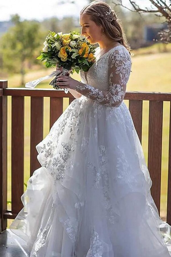 Elegant Long Sleeves A-line Wedding Dress Deep V-Neck Puffy Layers Lace Bridal Dress-newarrivaldress