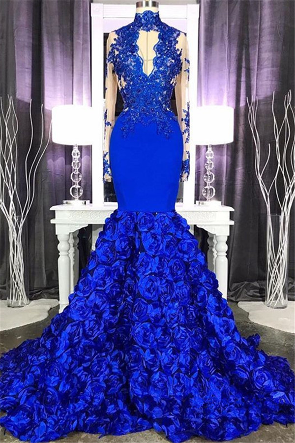 Royal Blue Long Sleeve Mermaid Long Prom Dresses Online | Lace Appliques Formal Evening Gowns-newarrivaldress