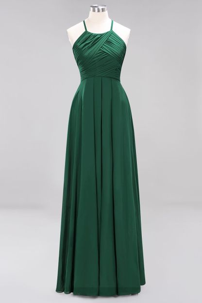 Halter Pleated Bridesmaid Dress Chiffon Sleeveless Floor Length Wedding Guest Dress-newarrivaldress