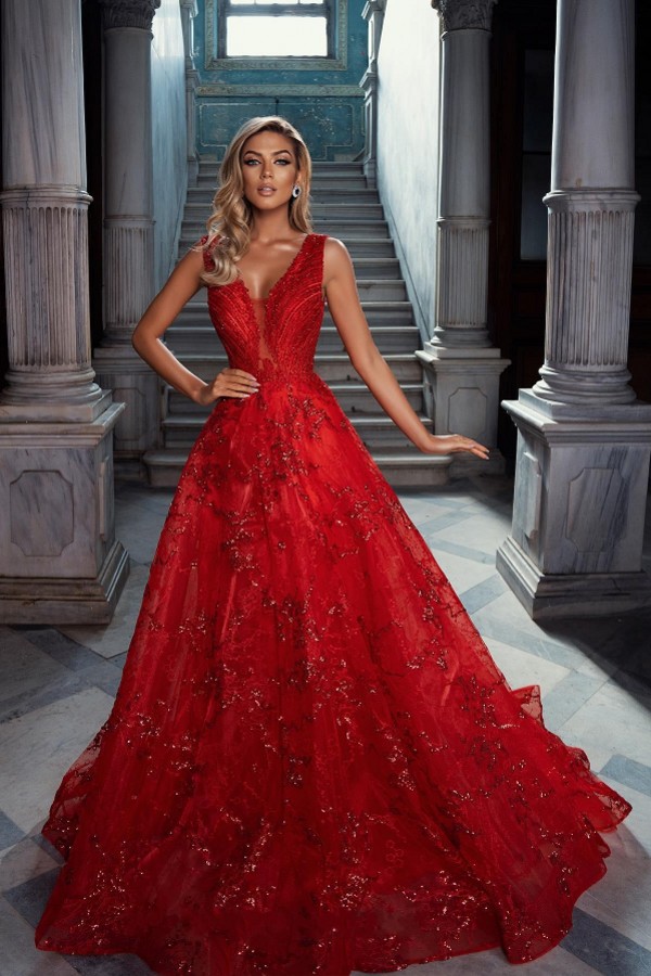 Red A-line Evening Dress Sparkly Beadings V-Neck Long Prom Dress-newarrivaldress