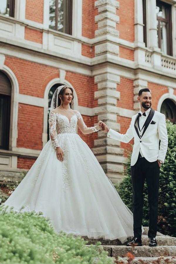 Beautiful Tulle Lace Appliques Aline Wedding Dress with Long Sleeves-newarrivaldress