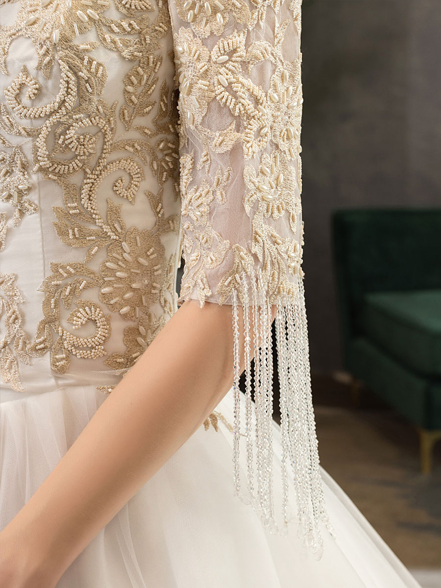 Princess Wedding Dress Ivory Lace Applique V Neck Half Sleeve Bridal Gown With Train-newarrivaldress